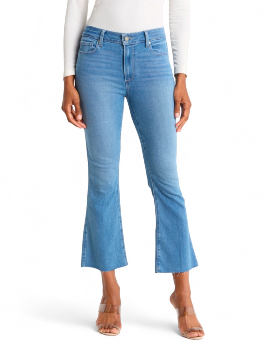 PAIGE Rory Crop Flare Light Blue Raw Hem Jeans - Women's